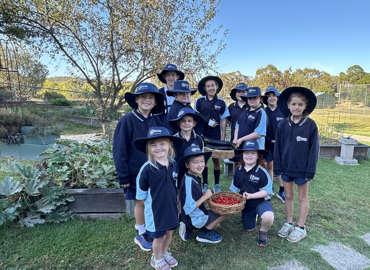 Trunkey Public School students standing in the garden with a large basket of tomatoes and a large basket of zucchinis
